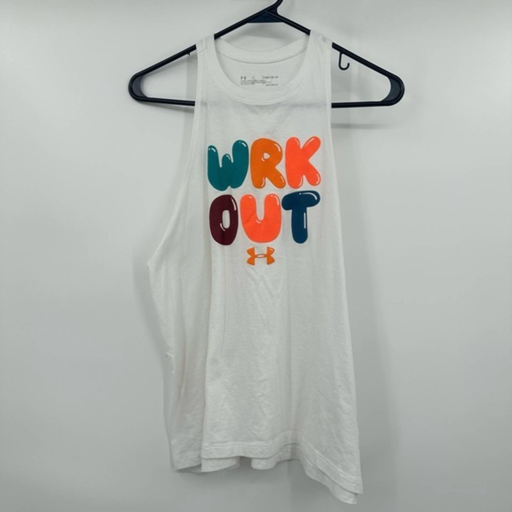 Under Armour size medium loose fit white tank top wrk out balloon letter print